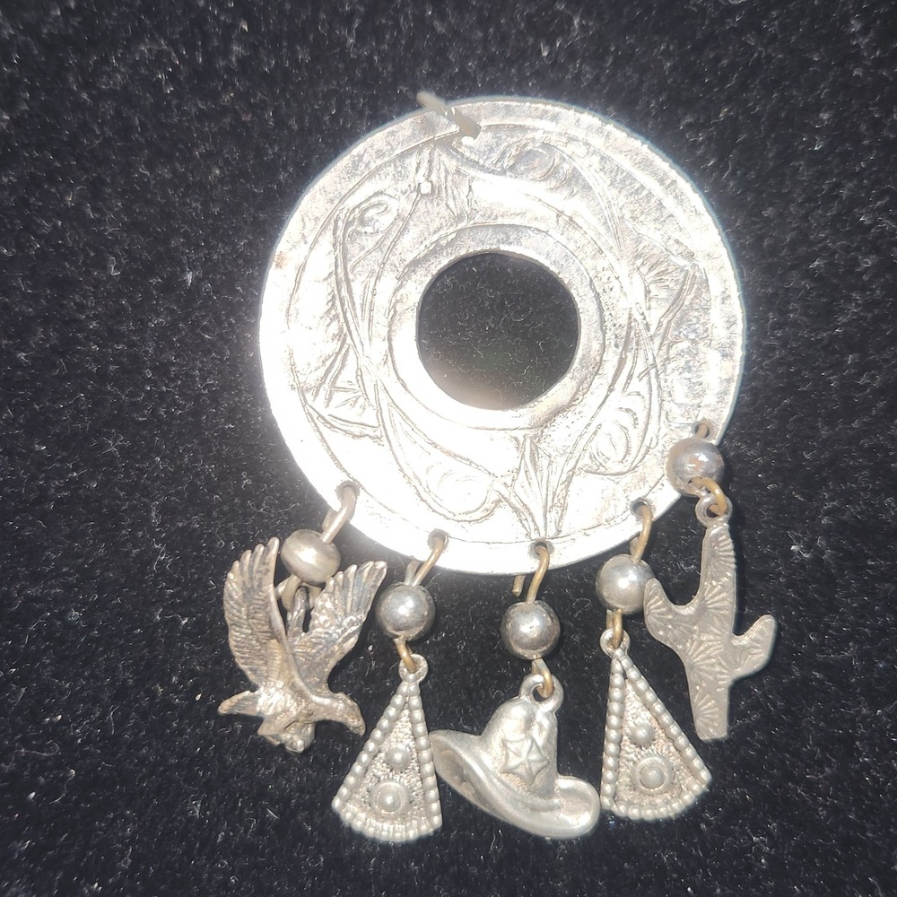 Vintage Silver Tone Southwestern Charm Pendant Eagle Cactus Cowboy Hat Western
